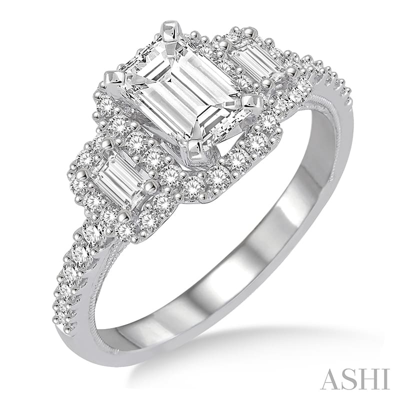 1 ctw Baguette and Round Cut Diamond Ladies Engagement Ring with 1/2 Ct Emerald Cut Center Stone in 14K White Gold