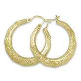 Faceted finish New Orleans yellow gold hoops in 5 different sizes.