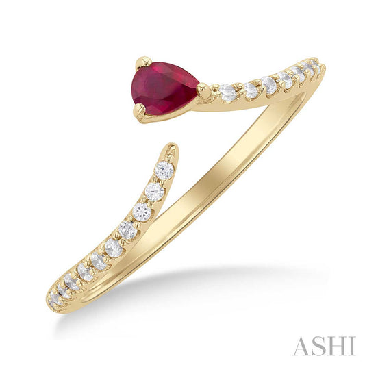 1/10 ctw Petite 4X3MM Pear Cut Ruby and Round Cut Diamond Precious Fashion Ring in 10K Yellow Gold
