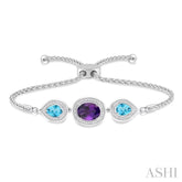 10x8 MM Oval Shape Amethyst & 7x5 MM Pear Shape Blue Topaz and 1/20 Ctw Round Diamond 3Stone Sterling Silver Lariat Bracelet