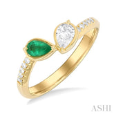 5x3 MM Pear Cut Emerald and 1/3 Ctw Pear & Round Cut Diamond Toi Et Moi Precious Fashion Ring in 14K Yellow Gold