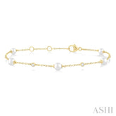4 MM Round Shape Cultured Pearl and 1/20 Ctw Round Cut Diamond Fashion Station Bracelet in 14K Yellow Gold