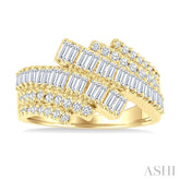 1 Ctw Triple Row Bypass Fusion Baguette and Round Cut Diamond Fashion Ring in 14K Yellow Gold