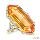 26X10 MM Evoque Gemstone Hexagon Shape Citrine and 1/2 Ctw Round Cut Diamond Halo Semi-Precious Ring in 14K Yellow Gold