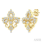 1/5 Ctw Petite Fleur De Lis Round Cut Diamond Fashion Stud Earrings in 10K Yellow Gold