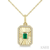4X3 MM Octagon Shape Emerald and 1/8 Ctw Round Cut Diamond Precious Fluted Medallion Pendant in 10K Yellow Gold with Chain