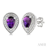 6X4 MM Pear Shape Amethyst and 1/50 Ctw Round Cut Diamond Semi-Precious Earrings in Sterling Silver