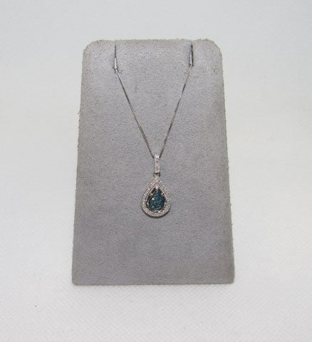 Pear Shaped Blue and White Diamond Cluster Pendant and Chain