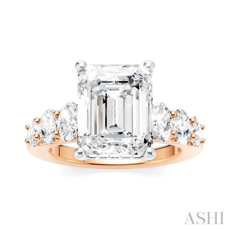 1 1/4 Ctw Emerald Shape Oval and Round Cut Diamond Semi-Mount Engagement Ring in 14K Rose and White Gold