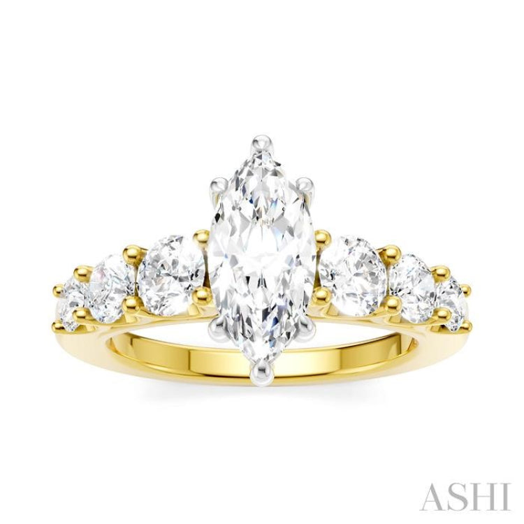 1 1/10 Ctw Marquise Shape Round Cut Diamond Semi-Mount Engagement Ring in 14K Yellow and White Gold