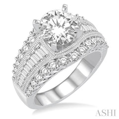 1 1/2 Ctw Baguette and Round Cut Diamond Round Shape Semi-Mount Engagement Ring in 14K White Gold