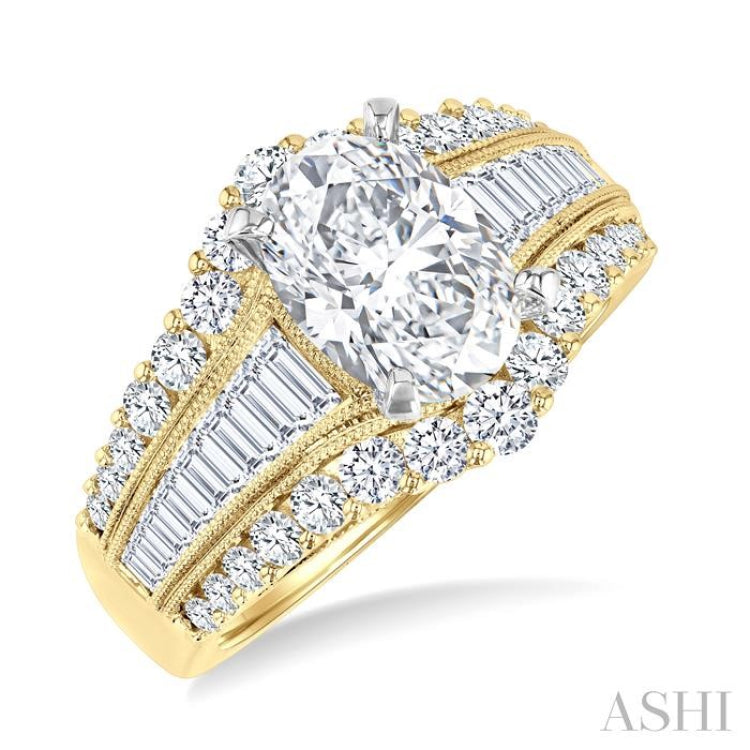1 1/2 Ctw Baguette and Round Cut Diamond Oval Shape Semi-Mount Engagement Ring in 14K Yellow and White Gold