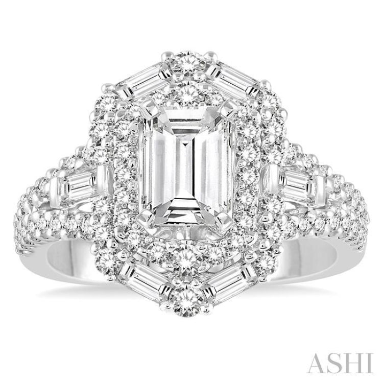 1 1/10 Ctw Emerald Shape Baguette and Round Cut Diamond Semi-Mount Engagement Ring in 14K White Gold