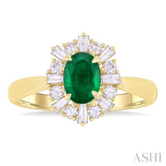 7x5 MM Emerald Oval Cut and 3/8 ctw Baguette & Round Cut Diamond Halo Precious Ring in 14K Yellow Gold