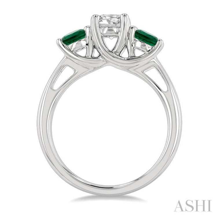 4.65 MM Round Shape Emerald and 3/4 Ctw Past, Present and Future Round Cut Diamond Precious Ring in 14K White Gold