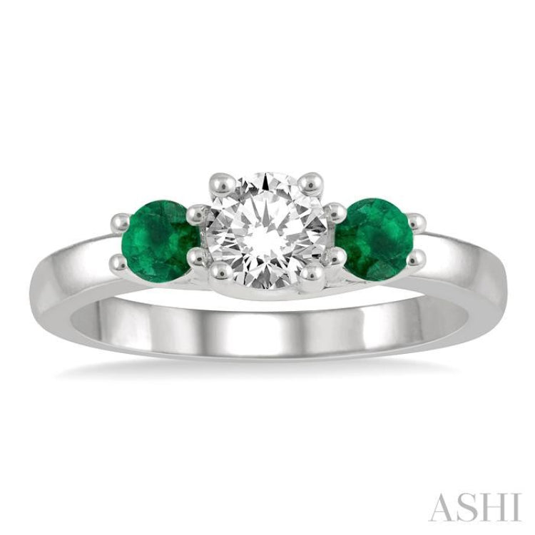 3.50 MM Round Shape Emerald and 3/8 Ctw Past, Present and Future Round Cut Diamond Precious Ring in 14K White Gold