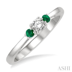 2.15 MM Round Shape Emerald and 1/6 Ctw Past, Present and Future Round Cut Diamond Precious Ring in 14K White Gold