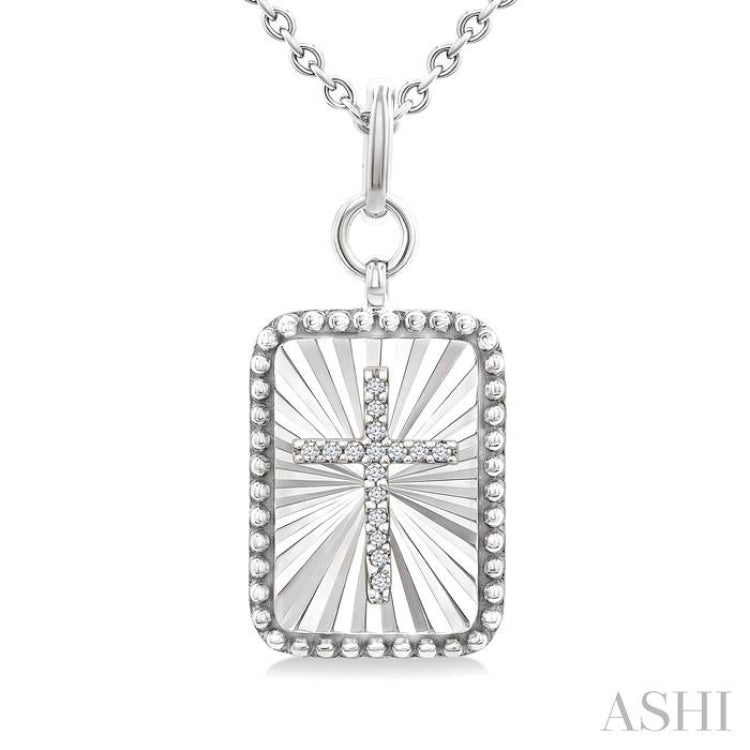 1/20 Ctw Rectangle Fluted Medallion Single Cut Diamond Cross Pendant With Chain in Sterling Silver