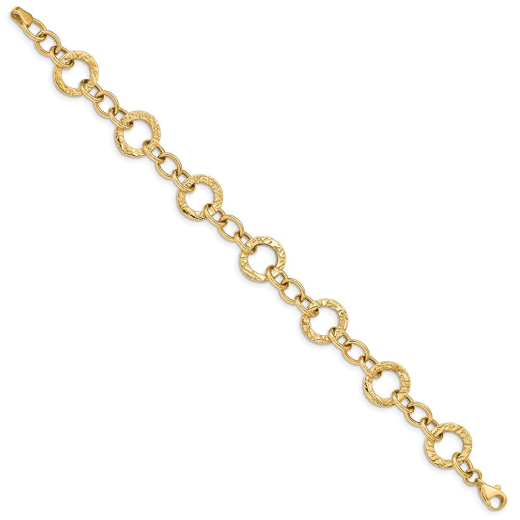 14k Polished and Textured 12mm Fancy Circle Link 7.25 inch Bracelet