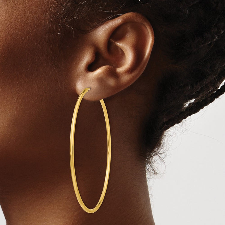 14k 2x65mm Polished Round Endless Tube Hoop Earrings