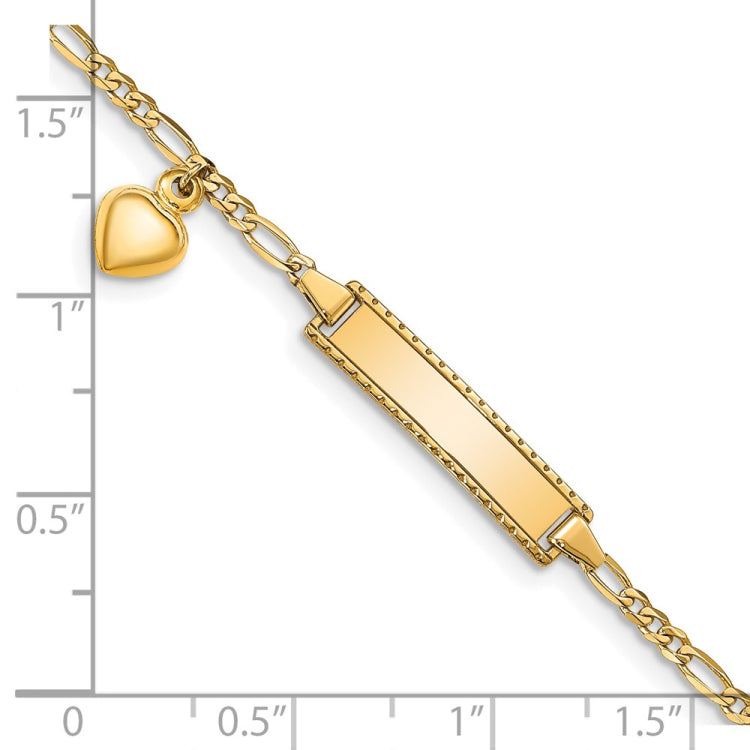 14k Polished Solid Chain/Solid Plate Heart Dangle Figaro Link 21x6mm Plate 6 inch Baby/Child ID Bracelet