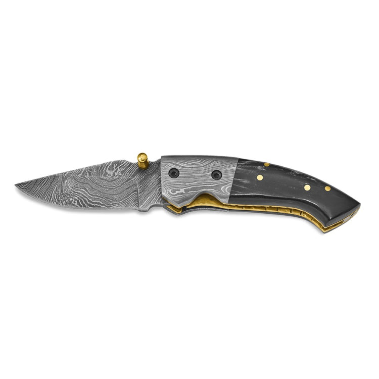 Luxury Giftware Damascus Steel 256 Layer Folding Blade Steel Guard Buffalo Horn Handle Knife with Leather Sheath and Wooden Gift Box