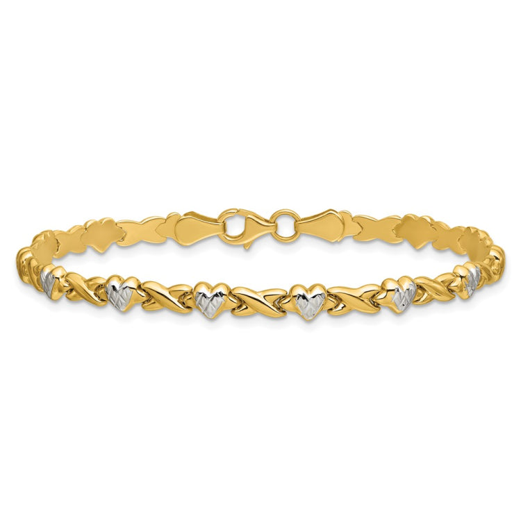 14k with White Rhodium Polished Diamond-cut X-and-Heart 7 inch Bracelet