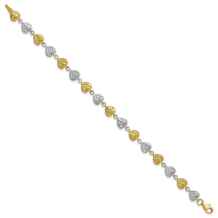 14K Two-tone Hammered Hearts 7 inch Bracelet