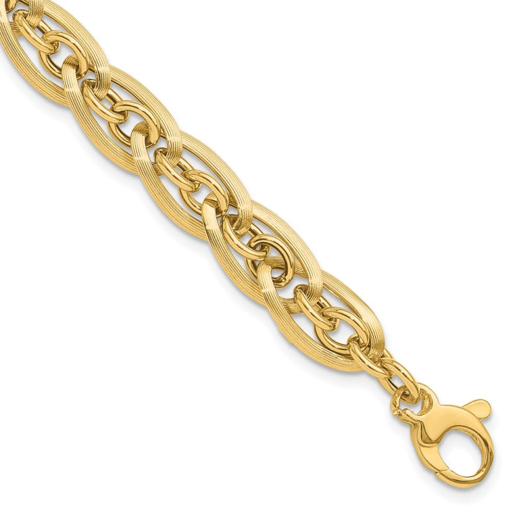 14K Polished and Grooved 8mm Fancy Link 8 inch Bracelet Plus 0.5 inch Extender