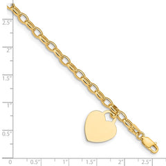 14k Engravable 19x15mm Solid Dangle Heart Charm and Hollow Chain 7.5 inch Bracelet