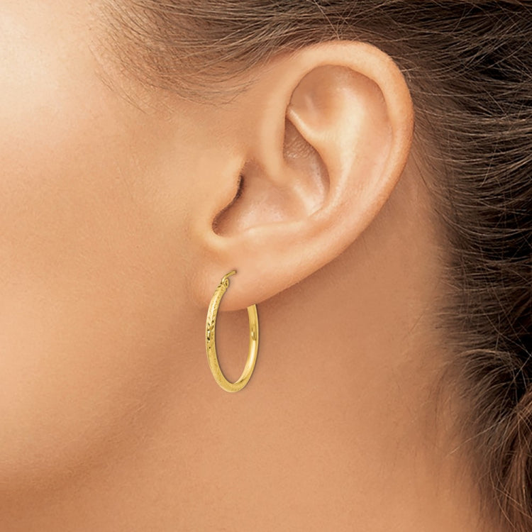 14k 2x25mm Diamond-cut Round Tube Hoop Earrings