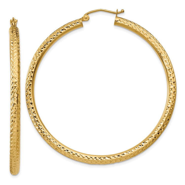 14k 3x50mm Diamond-cut Round Tube Hoop Earrings