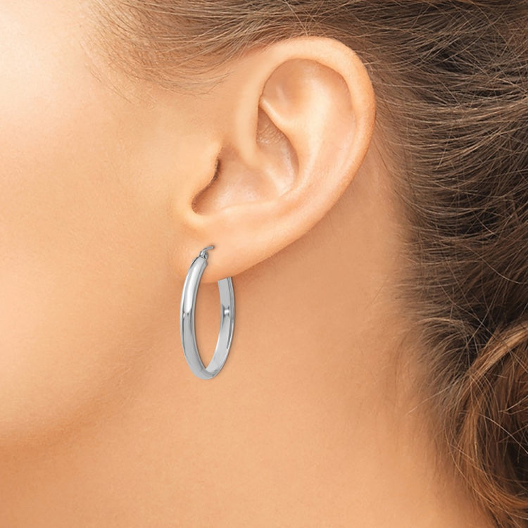 14k White Gold 3.5x30mm Polished Oval Tube Hoop Earrings