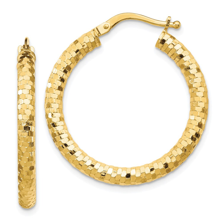 14K 3x27mm Diamond-cut Tube Hoop Earrings
