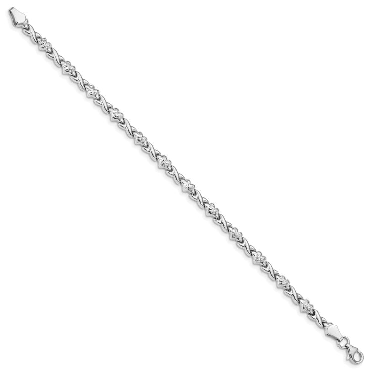 14k White Gold Polished Diamond-cut X-and-Heart 7 inch Bracelet