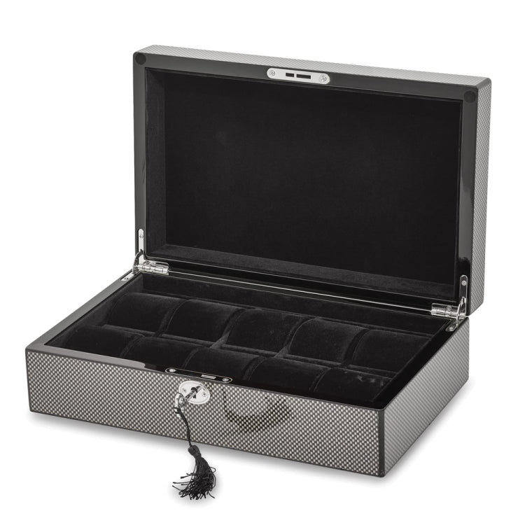 Luxury Giftware by Jere High Gloss Black Carbon Fiber Finish Locking Wooden 10-Watch Case