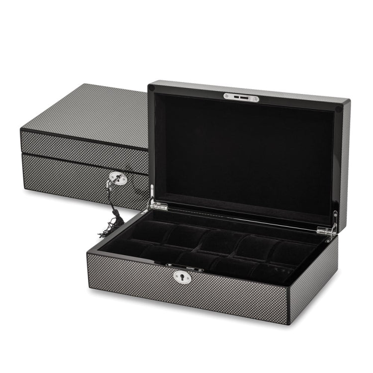Luxury Giftware by Jere High Gloss Black Carbon Fiber Finish Locking Wooden 10-Watch Case