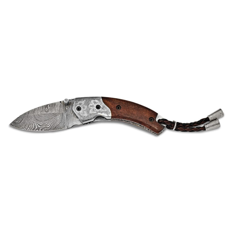 Luxury Giftware Damascus Steel 256 Layer Folding Blade Steel Guard Tali Wood Handle Knife with Leather Sheath and Wooden Gift Box