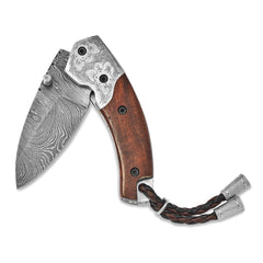 Luxury Giftware Damascus Steel 256 Layer Folding Blade Steel Guard Tali Wood Handle Knife with Leather Sheath and Wooden Gift Box