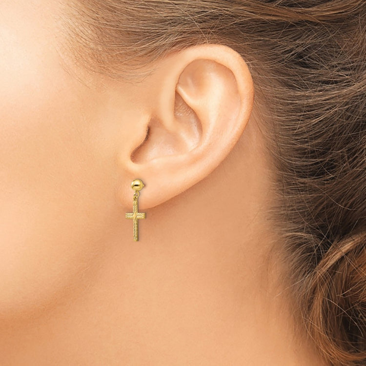 14k Polished and Textured Cross Dangle Post Earrings
