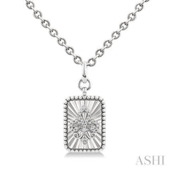 1/10 Ctw Rectangle fluted medallion Round Cut Diamond Fleur-De-Lis Pendant With Chain in Sterling Silver