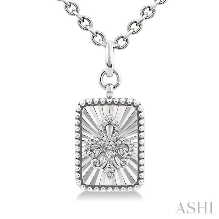 1/10 Ctw Rectangle fluted medallion Round Cut Diamond Fleur-De-Lis Pendant With Chain in Sterling Silver