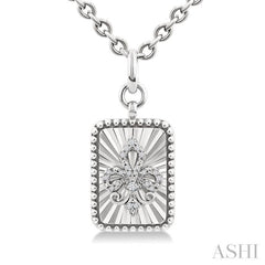 1/10 Ctw Rectangle fluted medallion Round Cut Diamond Fleur-De-Lis Pendant With Chain in Sterling Silver
