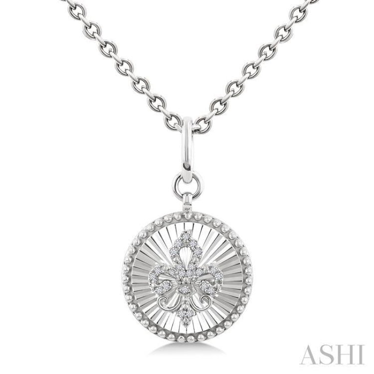 1/10 Ctw Round fluted medallion Single Cut Diamond Fleur-De-Lis Pendant With Chain in Sterling Silver