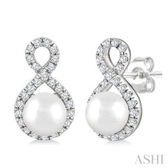 5 MM Cultured Pearls and 1/5 Ctw Round Cut Diamond Petite Earrings 10K White Gold