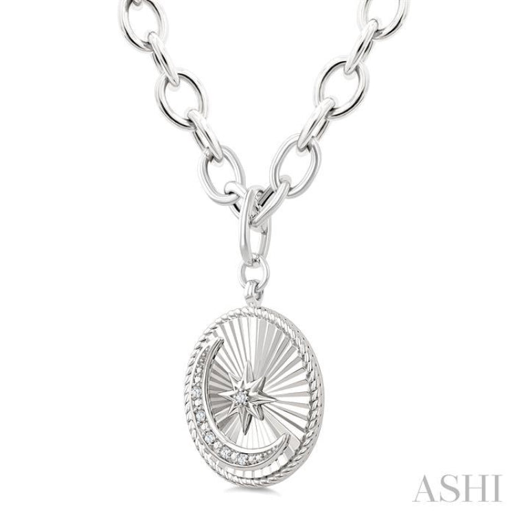 1/20 Ctw Circle Fluted Medallion Round Cut Diamond Moon & Star Fashion Pendant With Chain in Sterling Silver