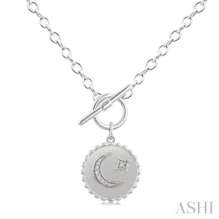 1/20 Ctw Crescent Moon & Star Toggle Round Cut Diamond Fashion Necklace in Sterling Silver