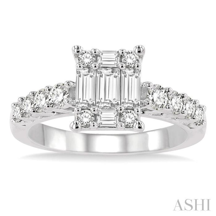 1 Ctw Fusion Baguette and Round Cut Diamond Engagement Ring in 14K White Gold