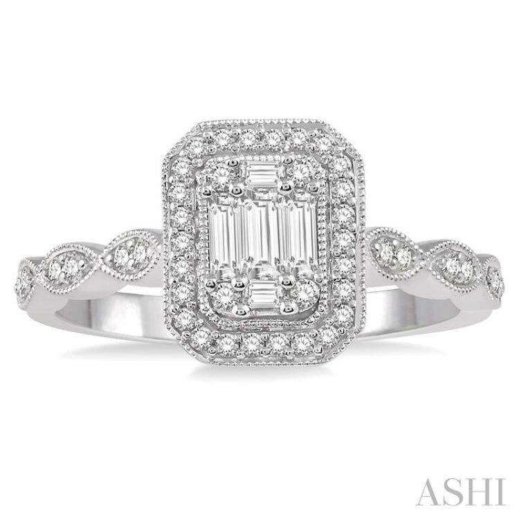 3/8 Ctw Emerald Shape Round Cut and Baguette Diamond Fusion Engagement Ring in 14K White Gold