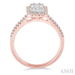 5/8 Ctw Emerald Shape Baguette and Round Cut Diamond Ring in 14K Rose and White Gold